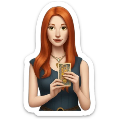 redhead white woman medium long straight hair, holding a tarot card in her hand sticker