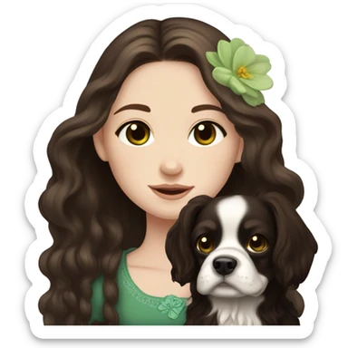 pale skin girl with green eyes with long dark brown hair that has a flower in her hair  holding a black and brown cavalier dog the dog also has a flower in its hair sticker