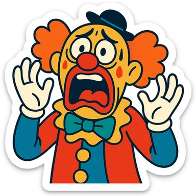 very scared clown, mouth open in scream, exaggerated frightened expression sticker