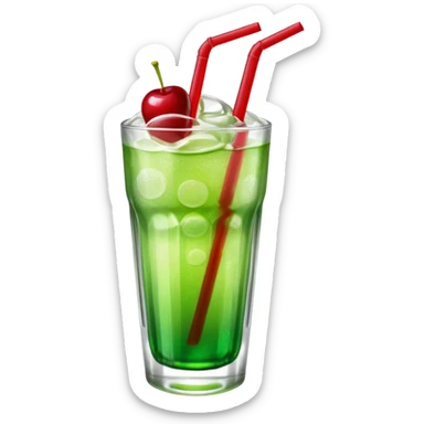 Create an emoji with a clear rounded glass, bright transparent green soda with fine bubbles, a smooth vanilla scoop on top, a glossy red cherry, and a red straw, using vibrant colors, soft shading, and clear glass highlights.
 sticker