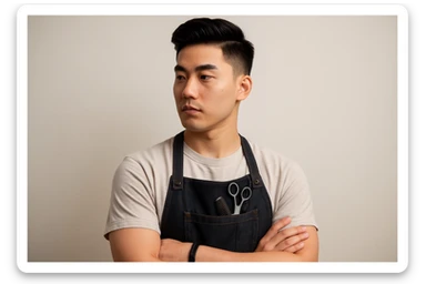 shu pozada turgan faqat o'ng tarafga qarab turgan sartarosh ustani tasvirlab ber realistik uslubda yoshi kattaroq soqol shart emas va osiyolik erkak soch turmagi ham boshqacharoq bo'laversin sticker