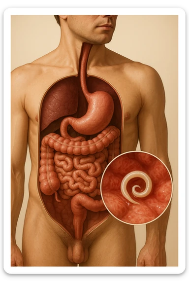 a 3D cutaway view of the human digestive tract, showing an Anisakis larva attached to the intestinal wall. in a man sticker