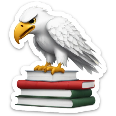 white eagle in student cap with a Stack of white and red books sticker