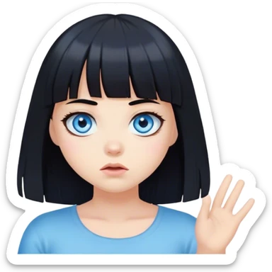 Girl with blue eyes and black hair with bangs shrugging sticker