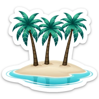 group of dark green palm trees on white sand, azure water on the edges of the sand, minimalism, iOS emoji style, no background, no smileys or faces sticker