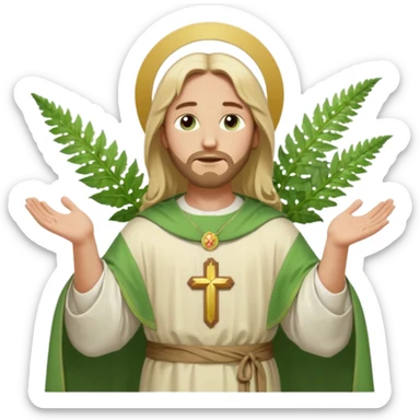Jesus, green eyes, blonde hair, light green chasuble. opening arms, gazing thoughtfully. Soft light, subtle fern. Waist-up, profile. sticker