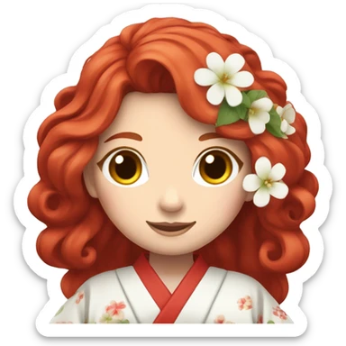 Long wavy Red hair woman, wearing a red kimono white flowers sticker