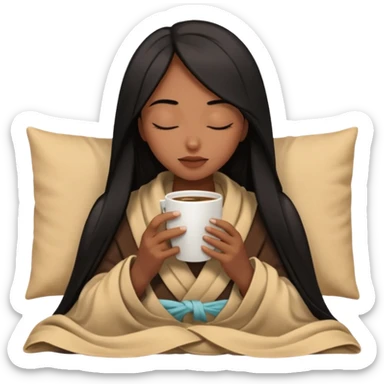 Chocolate brown girl with long straight jet black hair wrapped inside a tan blanket sipping coffee eyes closed sticker
