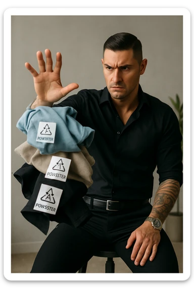 Create a very realistic vertical image of a man (similar to the reference photo) decisively throwing away all polyester clothes. The clothes should have visible labels or symbols indicating "polyester." The man's expression is serious with a clear gesture that communicates the harm of polyester clothes. The background is neutral with a professional atmosphere and natural details. The aspect ratio is 2:3. sticker
