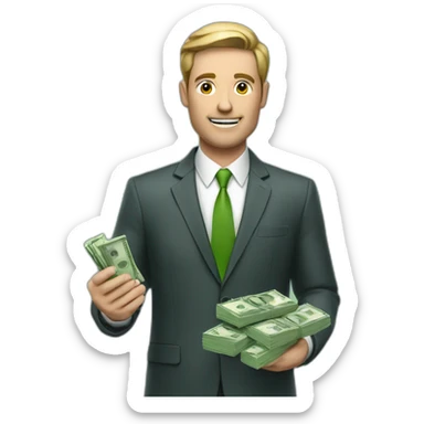 A businessman holding an iPhone with a green screen in one hand and a pack of money in the other hand sticker