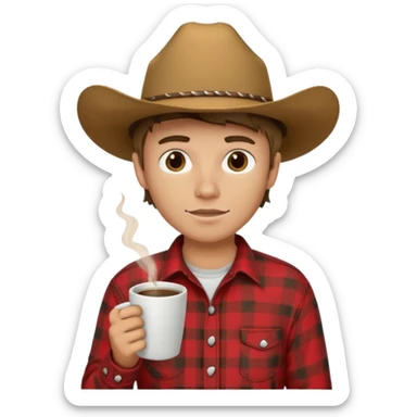 generate an ios genmoji of a 20 year old tan boy with a cowboy hat and side burns. Wearing a flannel and carrying a coffee mug sticker