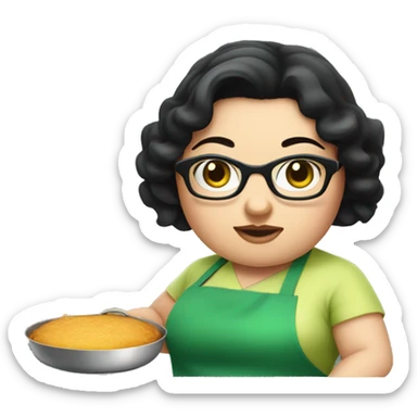 chubby lady with black hair and big eyes green apron  with glasses cooking  sticker