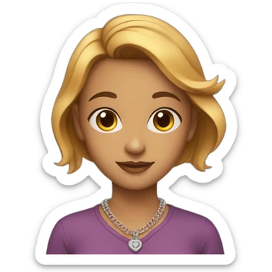 Straight haired girl with a necklace with a tag “aashna” sticker