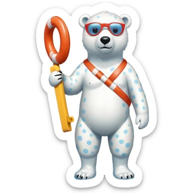 full body friendly anthropomorphised polar bear wearing polka dot swim shorts and swim goggles, standing in a puddle and holding a life buoy sticker