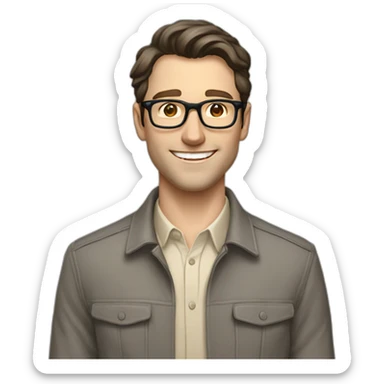 Joyful Full height Pale skinned Fit Man With dark brown hair in gray jacket, beige office shirt, Brown pants and vintage glasses. His thrumbs up sticker
