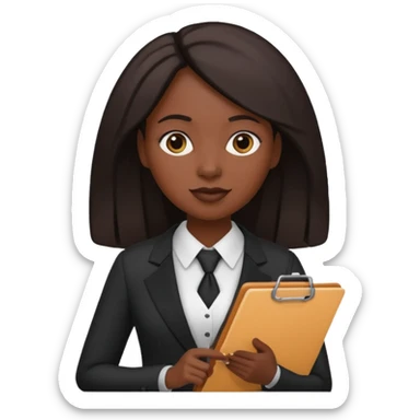 black woman in formal attire holding a clipboard sticker