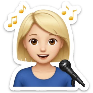 Crea una chica cantando con pelo rubio corto con ojos cafes  sticker
