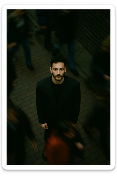 overhead shot of me standing still on a brick city sidewalk, wearing a dark oversized blazer,
motion-blurred crowd rushes past around me. Moody lighting, 35mm film look, shallow depth of field, sharp focus on me. sticker