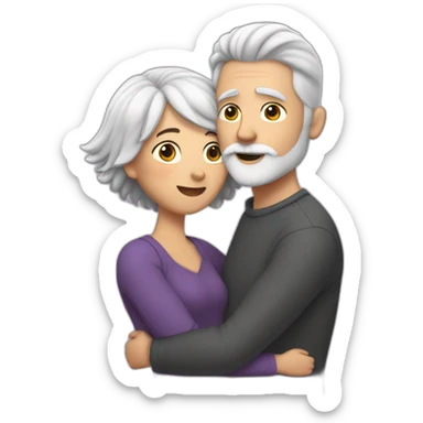 Man with gray hair and white beard hugs woman with dark brown hair with floating hearts sticker