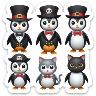 Penguin Wizard, pirata, gato con sombrero y pajarita y mujer con cuerpo de robot sticker