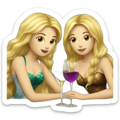 One blond mermaid and two brown hair mermaids drinking wine sticker