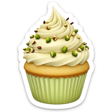 Vanilla cupcake with vanilla frosting with crushed up pistachios on top and a honey drizzle sticker