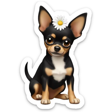 black and tan chihuahua with a daisy sticker