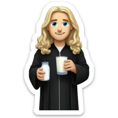 Young long haired blonde priest with blue eyes and black robes drinking milk sticker