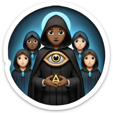 group of shadowy figures in a circle, one with an Illuminati eye symbol, secretive atmosphere sticker