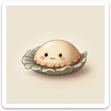 cute oyster, smiling expression, cream color, pink cheeks, doe eyes, greige shell, photorealistic style sticker