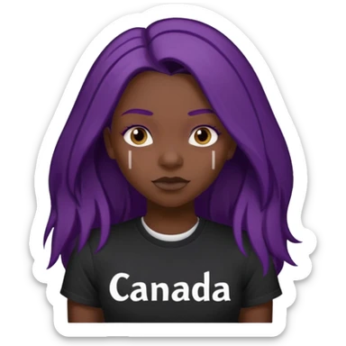 Girl with dark purple long hair black tshirt with a shoe " freaks canada " in white font letters sticker
