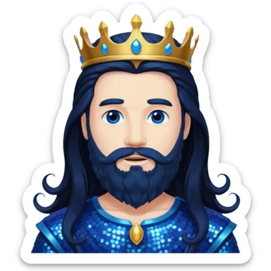 Neptune, King of the Sea from Gods and Goddesses with long black hair and beard, cobalt blue sequin outfit sticker