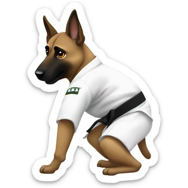 Aggressive Malinois wearing white jiujitsu gi with a black belt sticker