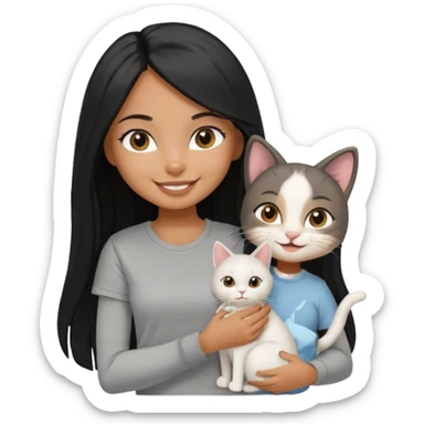 a pretty tan bratz girl with black long straight hair, wearing a grey tshirt smiling and holding a white cat\ sticker
