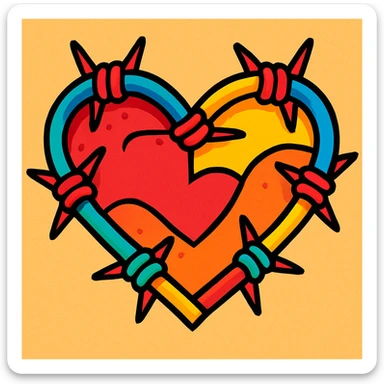 a heart made of barbed wire, cartoon style, colorful, playful sticker