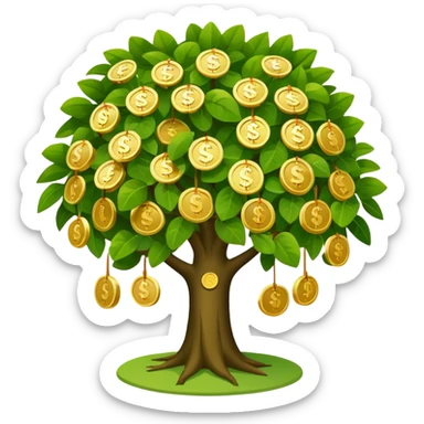 Apple-style money tree (not so mush coins), round soft green canopy.
No pot, no ground — only the tree.
Small gold coins as fruits inside the leaves (not below).
Flat 2D vector, clean shapes, no gradients.
Dark near-black background, premium fintech icon. sticker