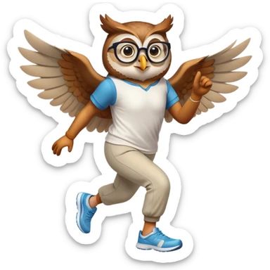friendly anthropomorphised owl with visible wings, in pants and a shirt, wearing glasses, jogging upright, standard pose sticker