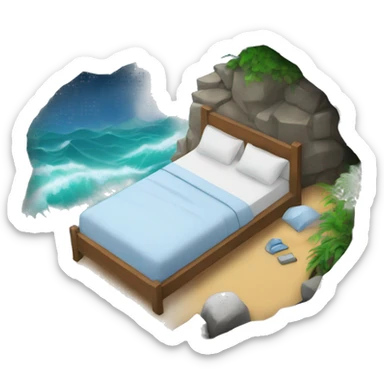 bed next to the ocean waves crashing on the rocks  sticker