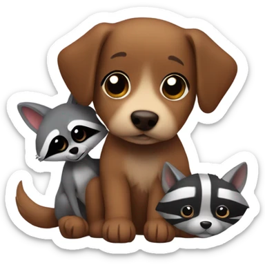 Small brown dog cuddling with a raccoon  sticker