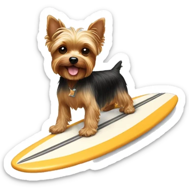 A Yorkie dog riding a surf board holding a dog bone sticker