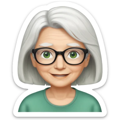 White hair grandma, green eyes, hair to shoulder, lokeg black glasses, rectangles face, smile , sticker