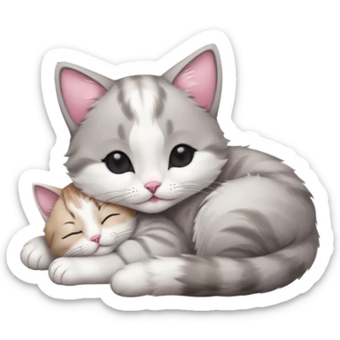 1 grey and white small cat with its eyes closed lying down leaning on its elbow with its paw curled under his head holding it up sticker