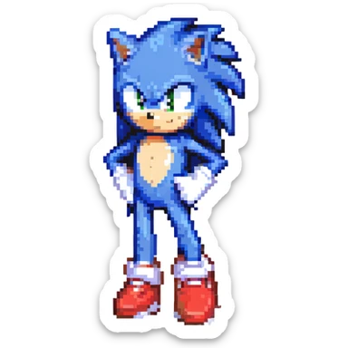 Sonic the Hedgehog in pixel art, standing on a green hill, blue fur, red and white shoes, white gloves, tan belly, palm trees and golden rings in the background, checkerboard terrain sticker