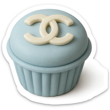 pastel blue Chanel cupcake with a white chocolate logo, elegant sticker