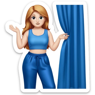 Meghan Trainor dressed in blue crop and blue silk pants holding blue curtain  sticker