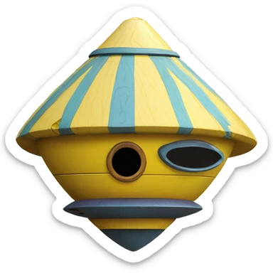 Susan’s Painted wooden flattened UFO alien spaceship shaped birdhouse sticker