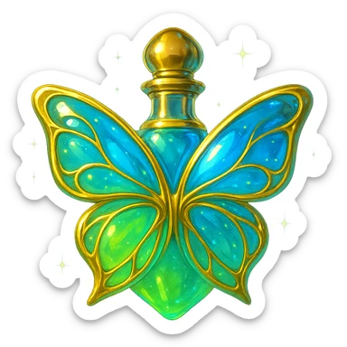 Elegant crystal butterfly-shaped bottle with golden details, floating in the air with no base or shadow, bottom smoothly and seamlessly connected, short neck suitable for Discord role icon, dominant colors light green #c0ff53 and blue similar to previous blue variant, bright fantasy style design with glowing and magical effects around, transparent background sticker