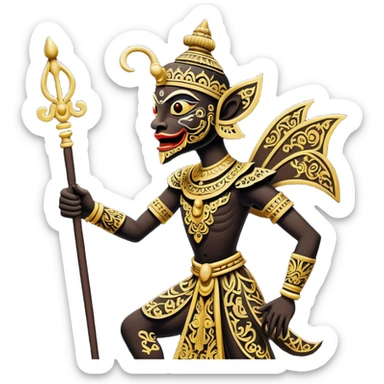 Wayang – Cinematic Realistic Wayang, depicted as intricately carved traditional Indonesian shadow puppets with expressive features and vibrant cultural motifs, set against a dark, dramatic backdrop with subtle glowing highlights that evoke the mystical art of shadow play. sticker
