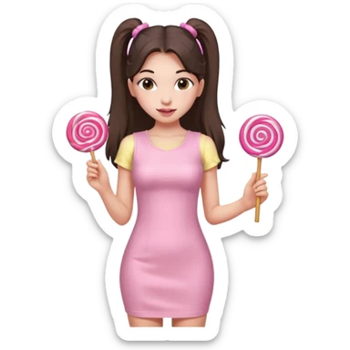 Girl with long dark ponytails wearing light pink bodycon dress holding a lollipop sticker
