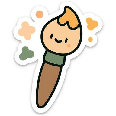 A cute and whimsical artist's paintbrush with a soft and cozy design, featuring a warm color palette: golden orange (FA9B41), deep forest green (4A7C5C), muted taupe brown (96775A), and pastel peach (FFCC9A). The brush has a delicate wooden handle in muted brown, with the bristles slightly fanned out, holding a touch of paint in shades of peach and orange. The tip of the brush is dipped in a soft golden hue, and tiny splashes of paint in the palette’s colors are gently scattered around. The overall mood is playful, artistic, and charming, evoking a sense of creativity and warmth. sticker